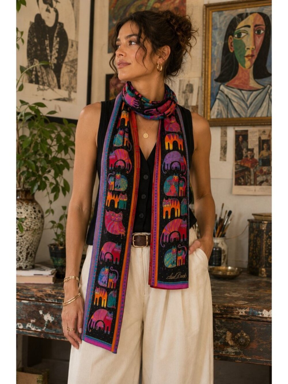 Laurel Burch Colorful Cat Art Narrow Scarf Black Whimsical Fashion Scarf 11x51